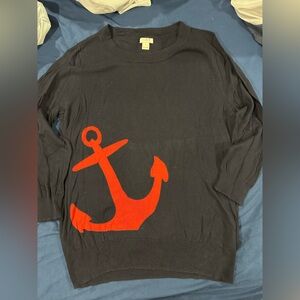 J. Crew Navy three quarter sleeve sweater with red anchor